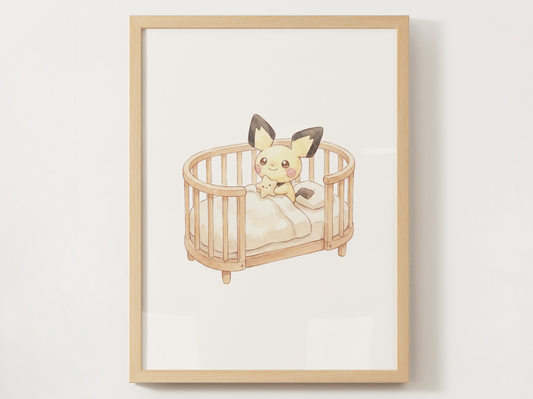 Pichu Nursery Wall Art Printable, Baby Pokemon in Crib Poster, Cute Kids Room Decor, Yellow Nursery Print, Instant Download