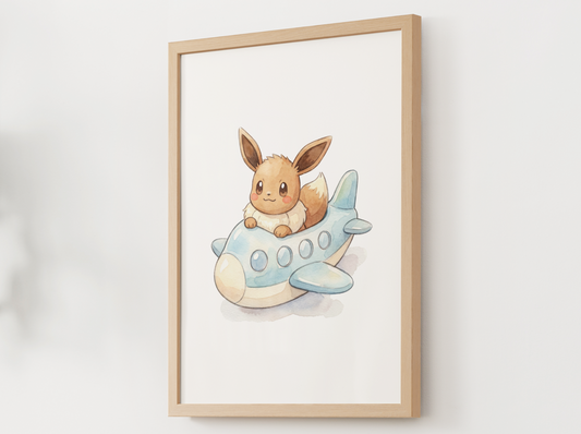 Eevee Airplane Wall Art Print, Sky Adventure Nursery Decor, Kids Room Poster, Printable Digital Download