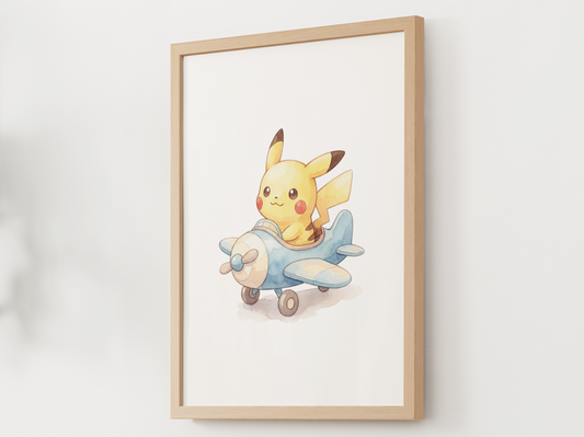 Pikachu Airplane Wall Art, Cute Plane Theme Nursery Poster, Kids Room Decor, Printable Digital Download