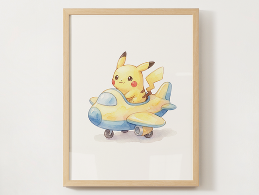 Pikachu Airplane Wall Art Print, Vintage Plane Theme Nursery Poster, Kids Room Decor, Printable Digital Download