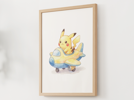 Pikachu Airplane Wall Art Print, Vintage Plane Theme Nursery Poster, Kids Room Decor, Printable Digital Download