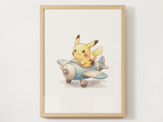 Pikachu Airplane Nursery Wall Art, Cute Pilot Theme Kids Poster, Printable Digital Download
