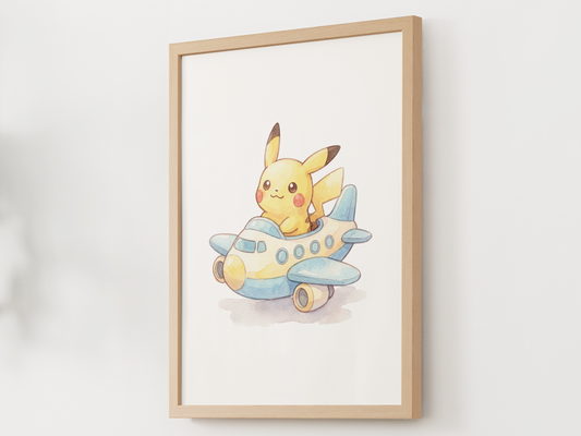 Pikachu Airplane Wall Art Print, Sky Adventure Nursery Decor, Kids Room Poster, Printable Digital Download