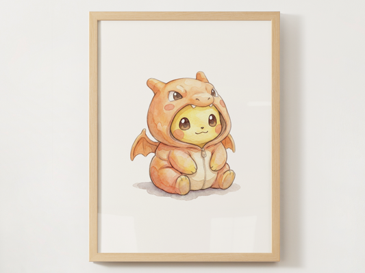 Pikachu Charizard Onesie Wall Art Printable, Pokémon Nursery Poster, Kids Room Decor, Digital Download