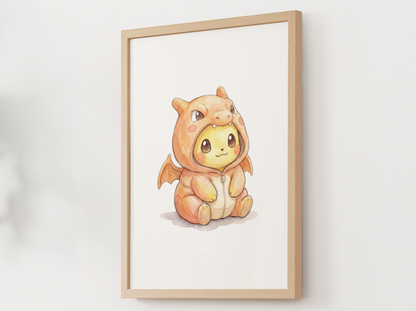 Pikachu Charizard Onesie Wall Art Printable, Pokémon Nursery Poster, Kids Room Decor, Digital Download