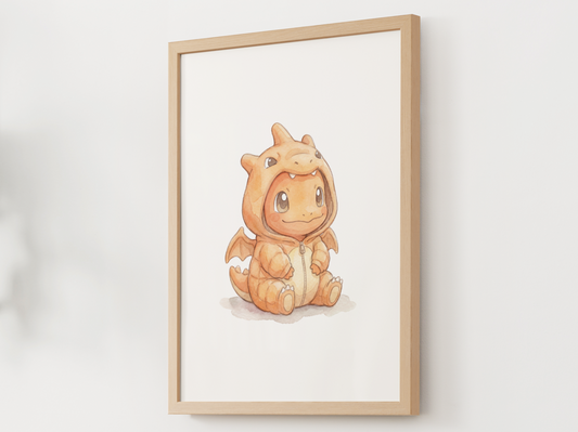 Charmander Onesie Wall Art Printable, Gen 1 Starter Nursery Poster, Kids Room Decor, Digital Download