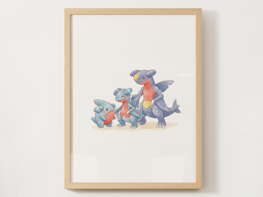 Gible Evolution Line Wall Art Printable, Gabite Garchomp Poster, Pokémon Nursery Decor, Digital Download