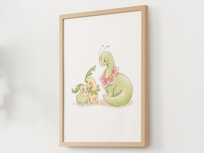 Chikorita Evolution Line Wall Art Printable, Bayleef Meganium Poster, Pokémon Nursery Decor, Digital Download