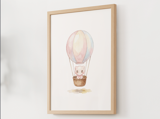 Mew Hot Air Balloon Wall Art, Dreamy Adventure Nursery Poster, Kids Room Decor, Printable Digital Download