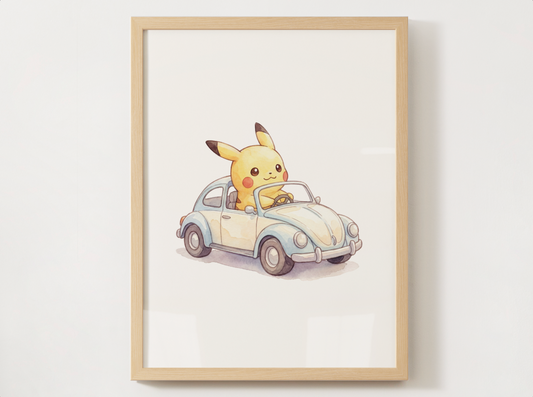 Pikachu Classic Cars Wall Art Bundle, 8 Printable Posters, Vintage Car Theme, Kids Room Decor, Digital Download