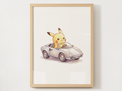 Pikachu Supercars Wall Art Bundle, 8 Printable Posters, Sports Car Theme, Kids Room Decor, Digital Download
