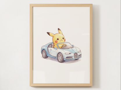 Pikachu Supercars Wall Art Bundle, 8 Printable Posters, Sports Car Theme, Kids Room Decor, Digital Download
