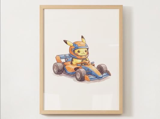 Pikachu Race Car Wall Art, Printable Poster, Formula Style Racing Theme, Kids Room Decor, Digital Download