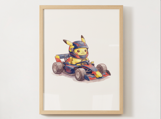 Pikachu Race Car Wall Art, Printable Poster, Formula Style Racing Theme, Kids Room Decor, Digital Download