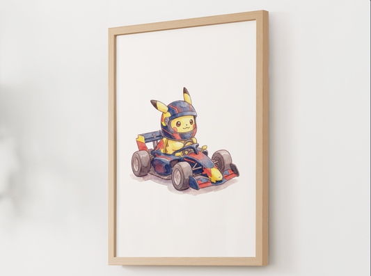Pikachu Race Car Wall Art, Printable Poster, Formula Style Racing Theme, Kids Room Decor, Digital Download