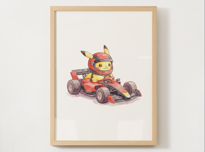 Pikachu Race Car Wall Art Bundle, 8 Printable Posters, Formula Style Racing Theme, Kids Room, Digital Download