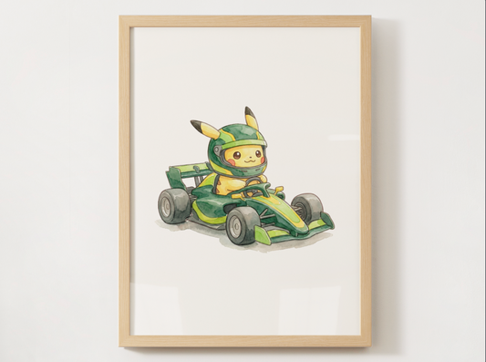 Pikachu Race Car Wall Art, Printable Poster, Formula Style Racing Theme, Kids Room Decor, Digital Download