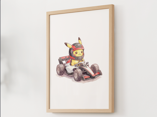 Pikachu Race Car Wall Art, Printable Poster, Formula Style Racing Theme, Kids Room Decor, Digital Download