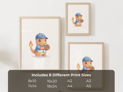 Charmander Baseball Wall Art, Cute Ballpark Nursery Poster, Kids Room Decor, Printable Digital Download