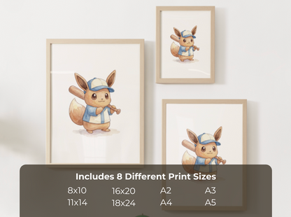 Eevee Baseball Wall Art, Cute Ballpark Nursery Poster, Kids Room Decor, Printable Digital Download