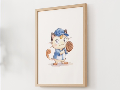 Meowth Baseball Wall Art, Cute Ballpark Nursery Poster, Kids Room Decor, Printable Digital Download