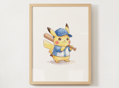 Pikachu Baseball Wall Art, Cute Ballpark Nursery Poster, Kids Room Decor, Printable Digital Download