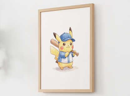Pikachu Baseball Wall Art, Cute Ballpark Nursery Poster, Kids Room Decor, Printable Digital Download