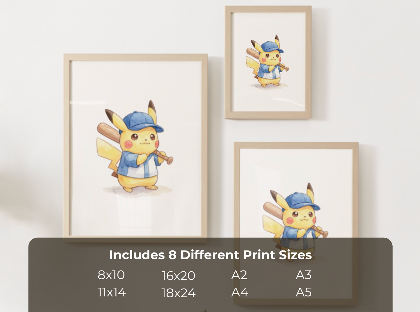 Pikachu Baseball Wall Art, Cute Ballpark Nursery Poster, Kids Room Decor, Printable Digital Download