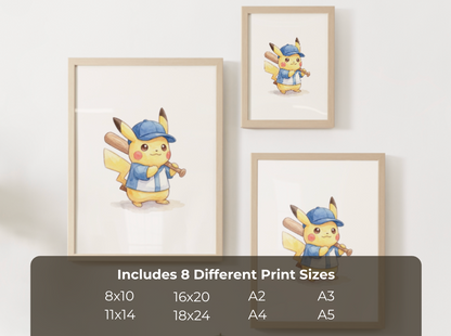 Pikachu Baseball Wall Art, Cute Ballpark Nursery Poster, Kids Room Decor, Printable Digital Download