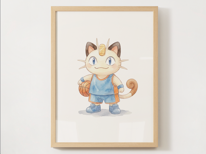 Meowth Basketball Wall Art, Cute Court Theme Nursery Poster, Kids Room Decor, Printable Digital Download