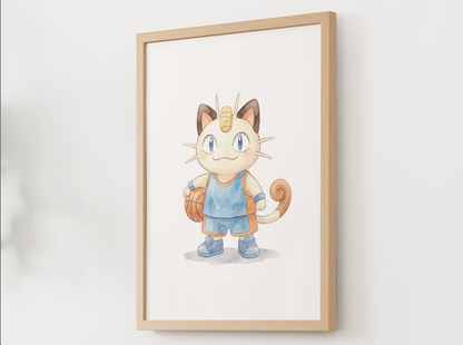 Meowth Basketball Wall Art, Cute Court Theme Nursery Poster, Kids Room Decor, Printable Digital Download