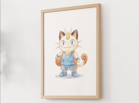 Meowth Basketball Wall Art, Cute Court Theme Nursery Poster, Kids Room Decor, Printable Digital Download