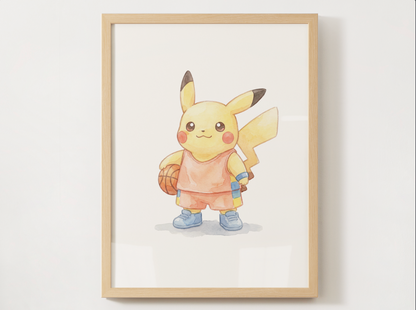 Pikachu Basketball Wall Art, Cute Court Theme Nursery Poster, Kids Room Decor, Printable Digital Download