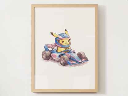 Pikachu Race Car Wall Art Bundle, 8 Printable Posters, Formula Style Racing Theme, Kids Room, Digital Download