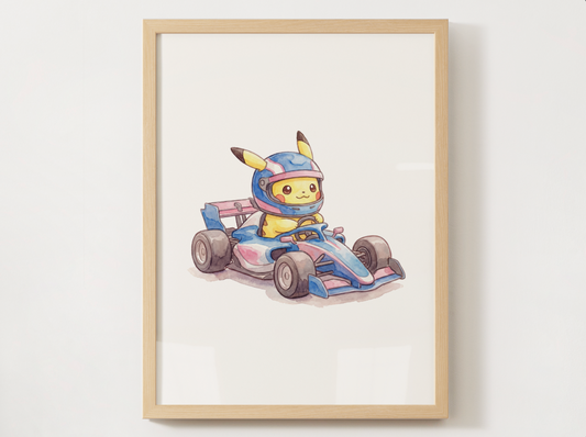 Pikachu Race Car Wall Art, Printable Poster, Formula Style Racing Theme, Kids Room Decor, Digital Download