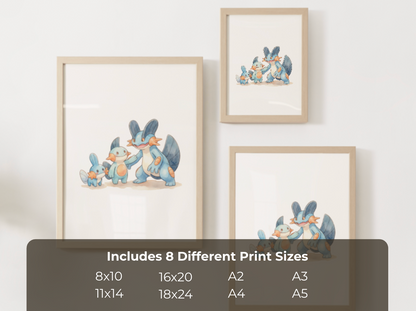 Mudkip Evolution Line Wall Art Printable, Marshtomp Swampert Poster, Pokémon Nursery Decor, Digital Download