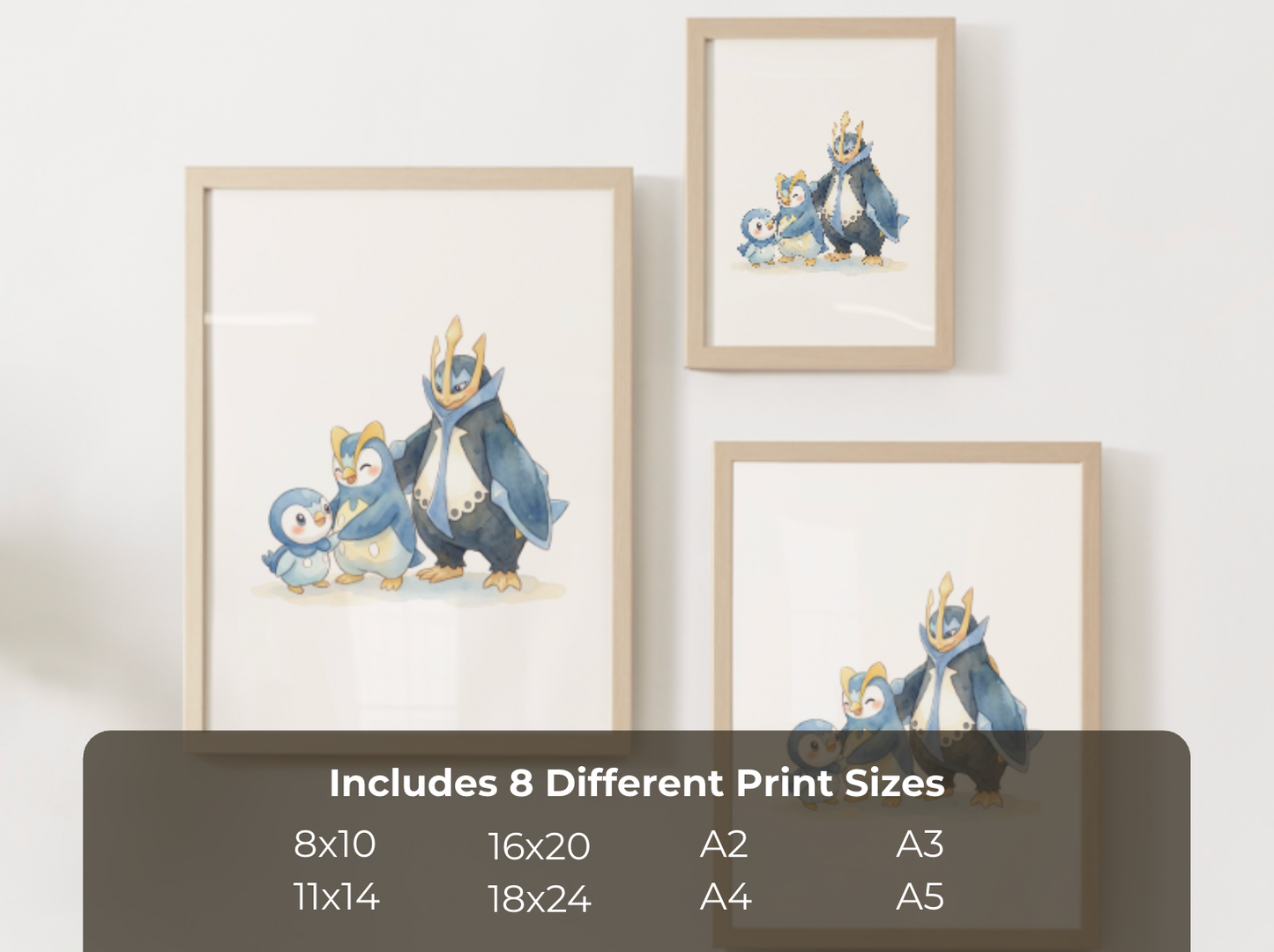 Piplup Evolution Line Wall Art Printable, Prinplup Empoleon Poster, Pokémon Nursery Decor, Digital Download