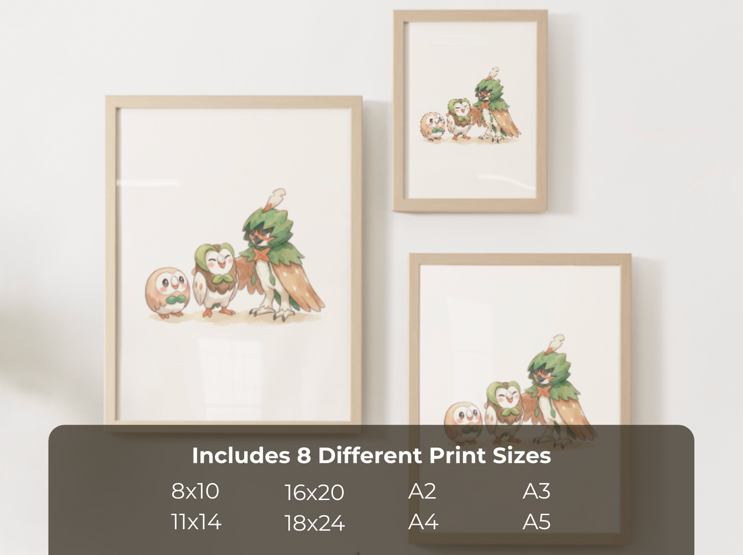 Rowlet Evolution Line Wall Art Printable, Dartrix Decidueye Poster, Pokémon Nursery Decor, Digital Download