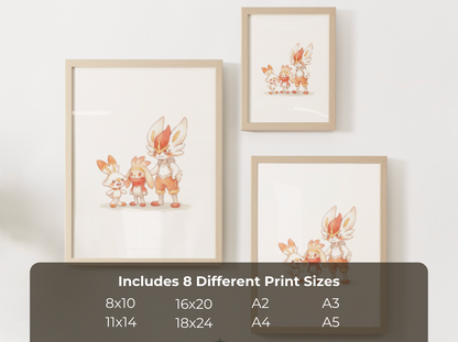 Scorbunny Evolution Line Wall Art Printable, Raboot Cinderace Poster, Pokémon Nursery Decor, Digital Download