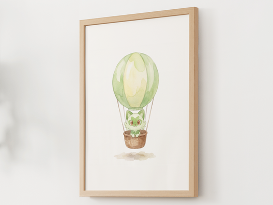 Sprigatito Hot Air Balloon Wall Art, Dreamy Adventure Nursery Poster, Kids Room Decor, Printable Digital Download