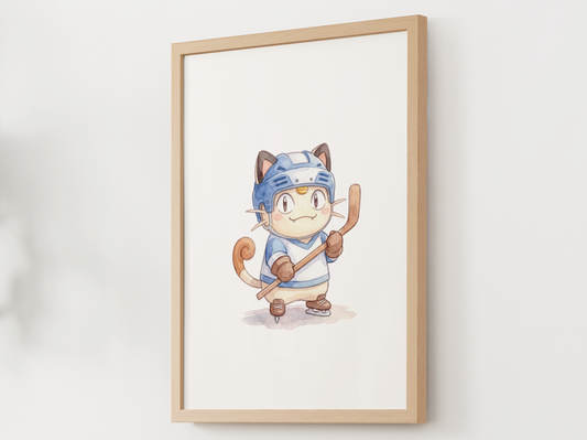 Meowth Hockey Wall Art, Cute Rink Theme Nursery Poster, Kids Room Decor, Printable Digital Download