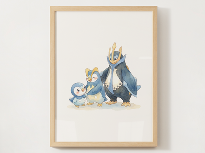 Piplup Evolution Line Wall Art Printable, Prinplup Empoleon Poster, Pokémon Nursery Decor, Digital Download