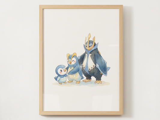 Piplup Evolution Line Wall Art Printable, Prinplup Empoleon Poster, Pokémon Nursery Decor, Digital Download