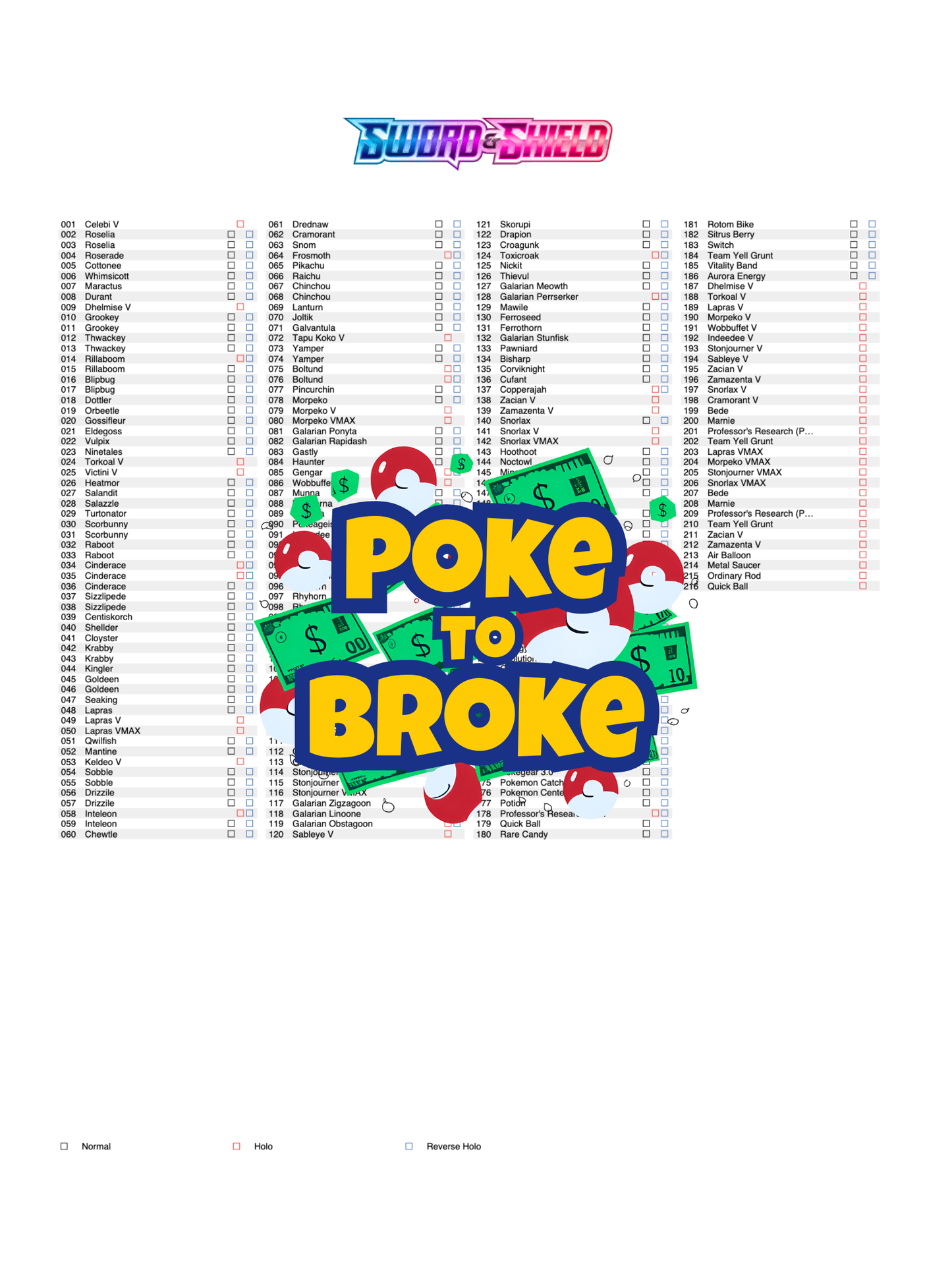 Sword & Shield: Base Set Printable Master and Complete Set Binder Placeholders + Checklist (Digital Download)