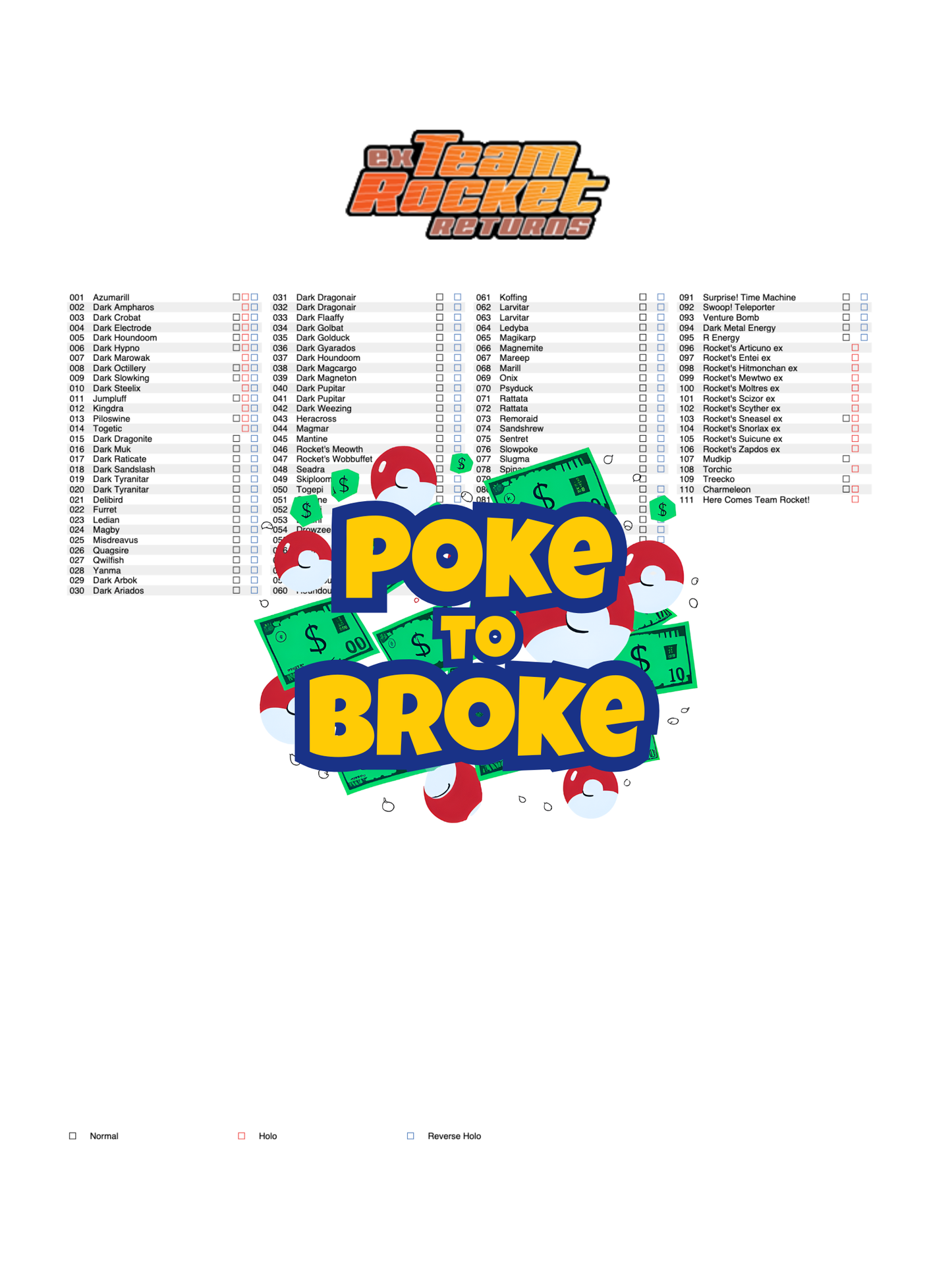 EX: Team Rocket Returns Printable Master and Complete Set Binder Placeholders + Checklist (Digital Download)