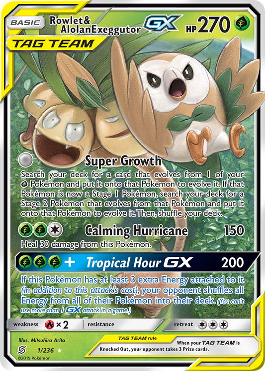 Rowlet & Alolan Exeggutor-GX Pokémon Card 001/236 from Unified Minds