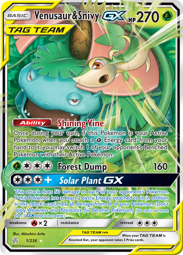 Venusaur & Snivy-GX Pokémon Card 001/236 from Cosmic Eclipse