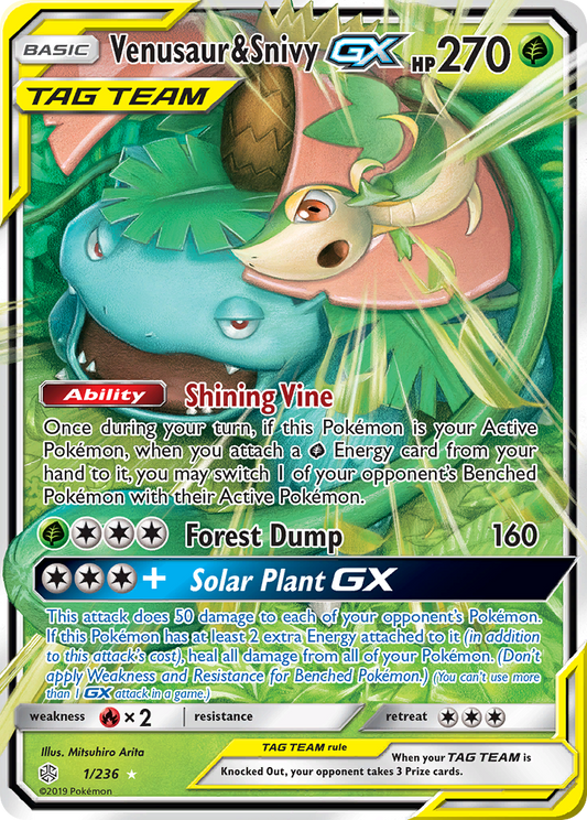 Venusaur & Snivy-GX Pokémon Card 001/236 from Cosmic Eclipse